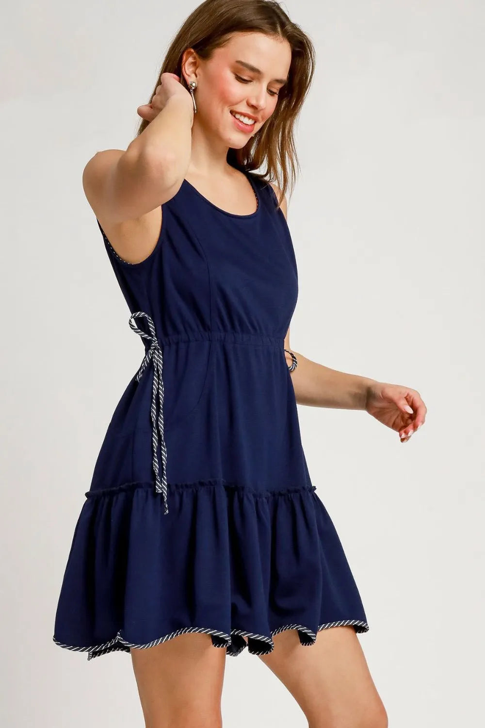 Umgee Frill Drawstring Waist Round Neck Mini Tank Dress OutfitFlow