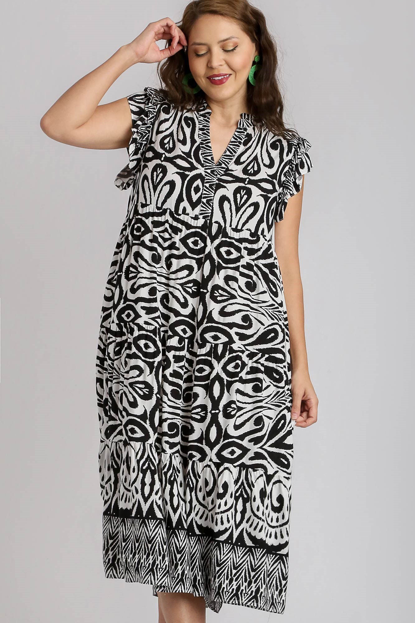 Umgee Full Size Two Tone Border Print Ruffle Cap Sleeve Midi Dress Plus Size OutfitFlow