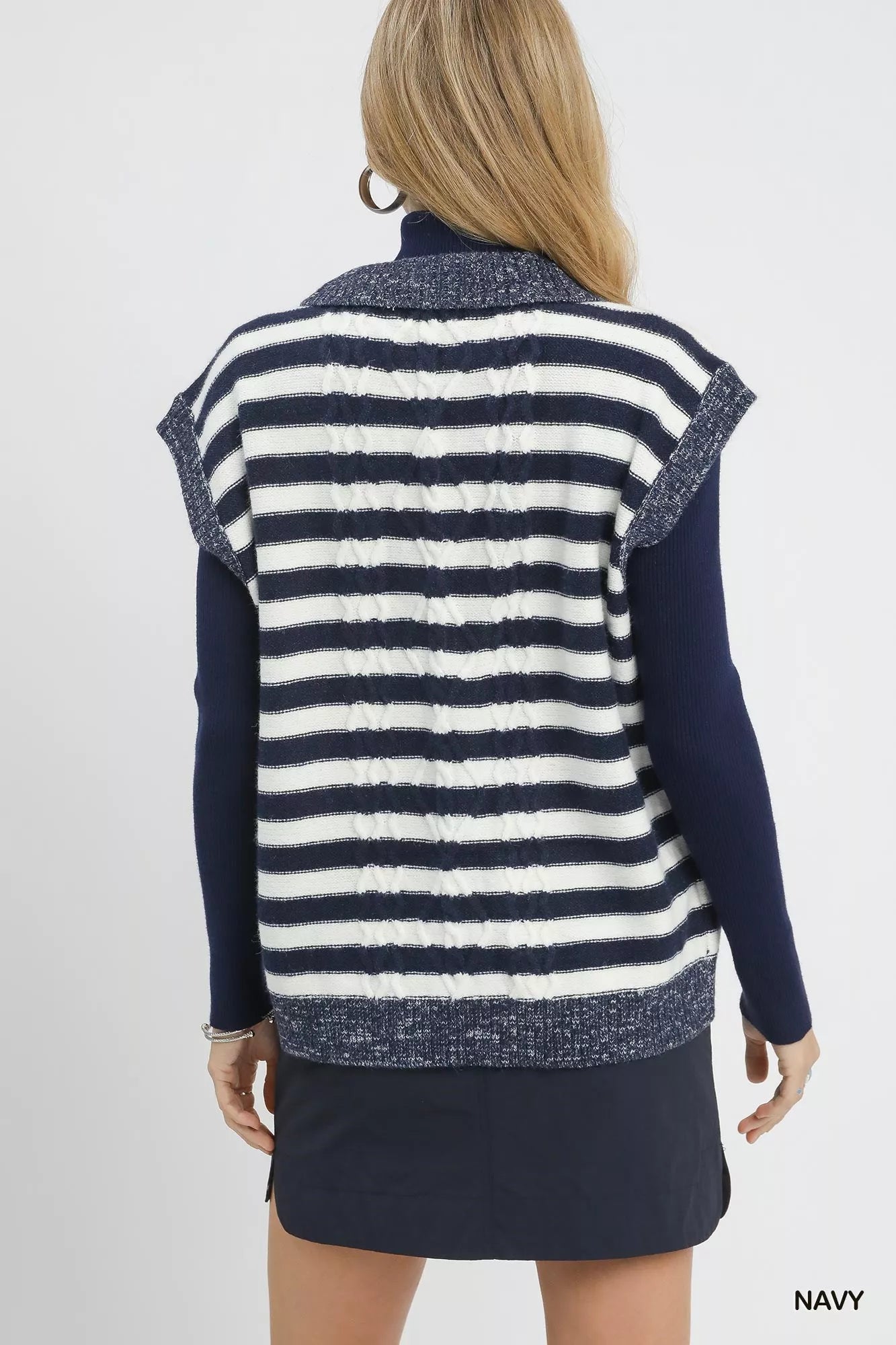 Umgee Cable Knit Collared Striped Vest Sweater OutfitFlow