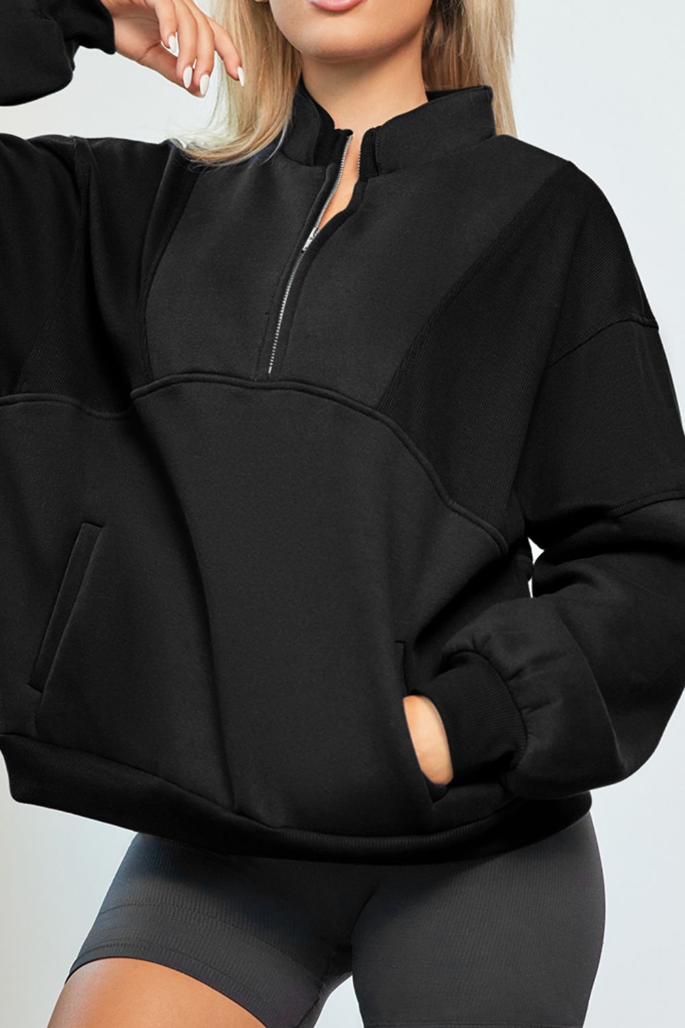 Half Zip Drop Shoulder Long Sleeve Sweatshirt OutfitFlow