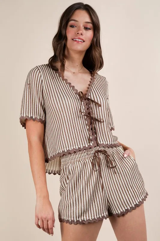 VERY J Wave Trim Detail Knit Top & Shorts Set OutfitFlow