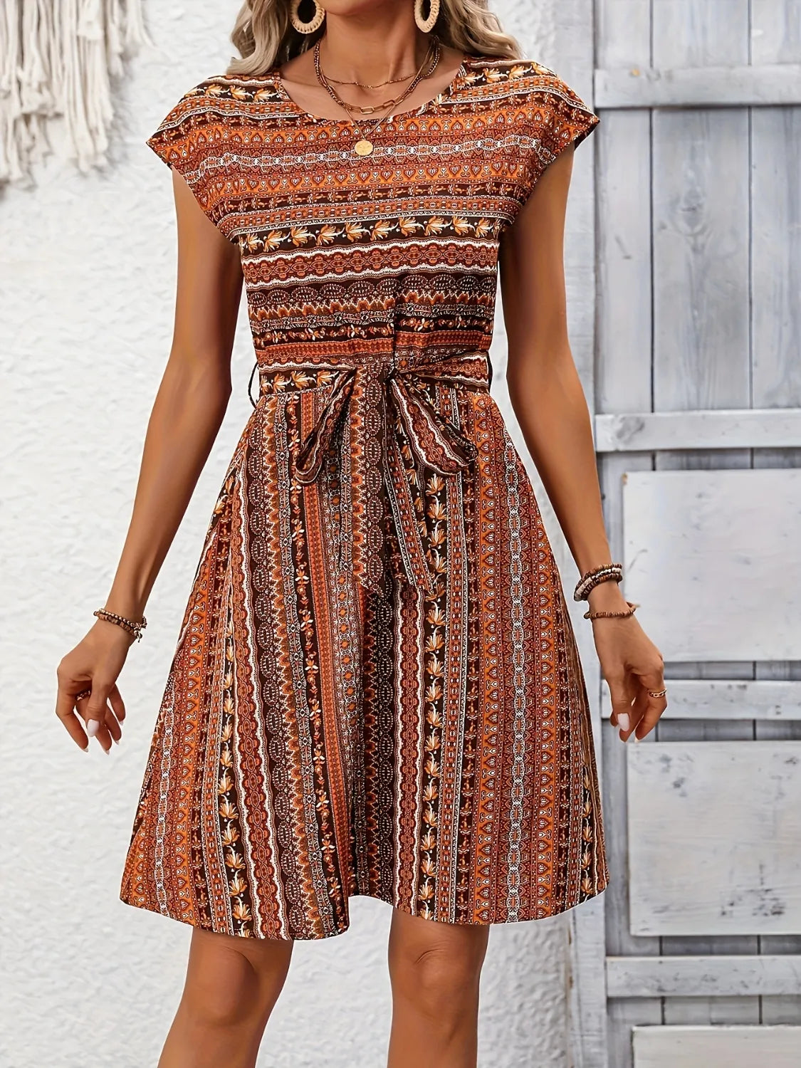 Printed Round Neck Cap Sleeve Dress OutfitFlow