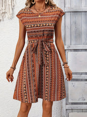 Printed Round Neck Cap Sleeve Dress OutfitFlow