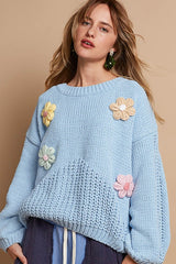 Outfit Flow - POL Crochet Flower Round Neck Dropped Shoulder Sweater