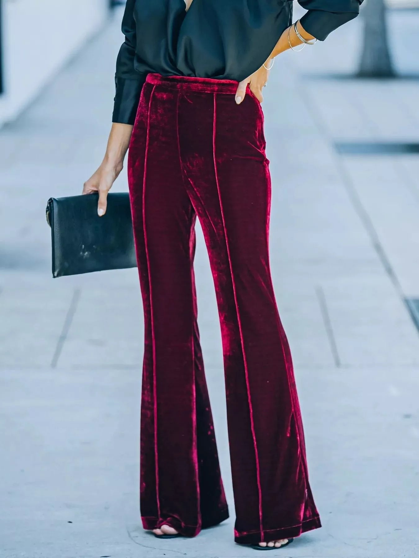 High-Waisted Wide Leg Velvet Pants Red OutfitFlow
