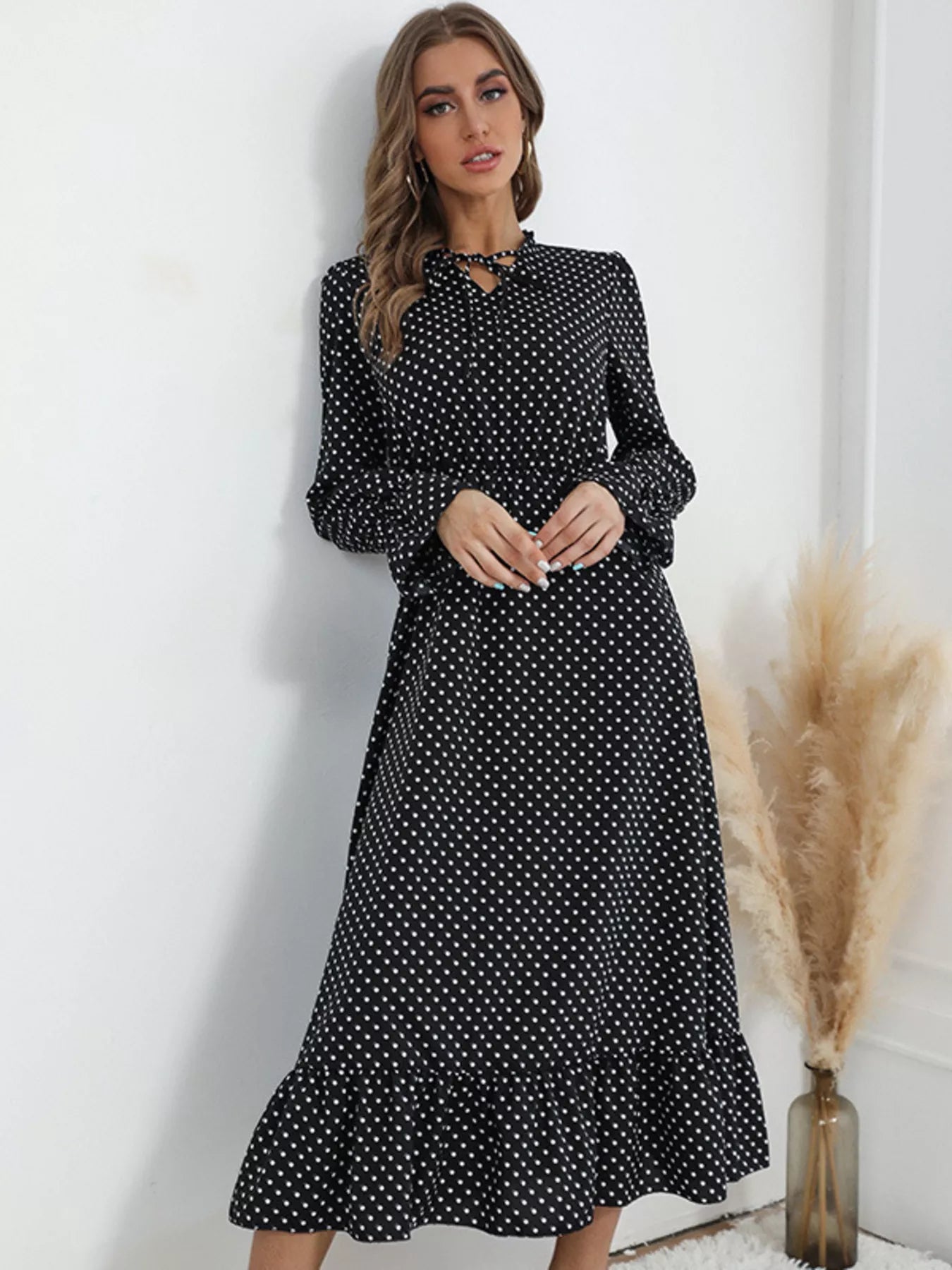Polka Dot Ruffle Hem Midi Dress Black OutfitFlow