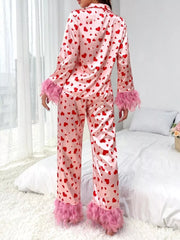 Heart Print Button Up Top and Pants Lounge Set OutfitFlow