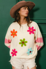BiBi Colorful Floral Patched Sweater with Striped Sleeve OutfitFlow