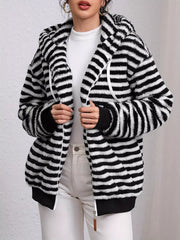 Striped Plush Zip-Up Hooded Outerwear OutfitFlow