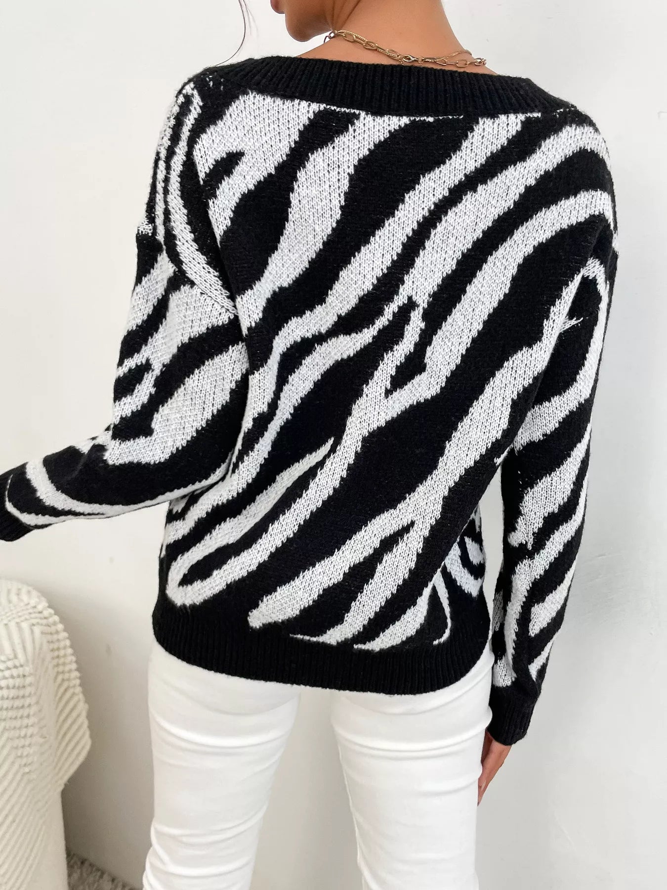 Zebra Print Relaxed Fit Pullover Sweater OutfitFlow