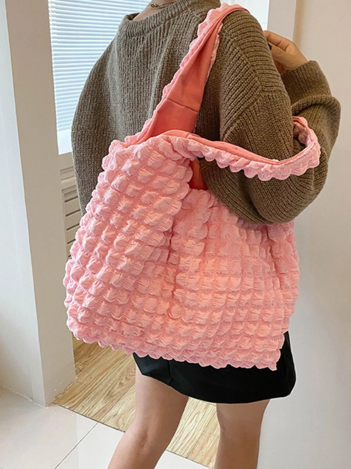 Textured Ruched Shoulder Bag OutfitFlow