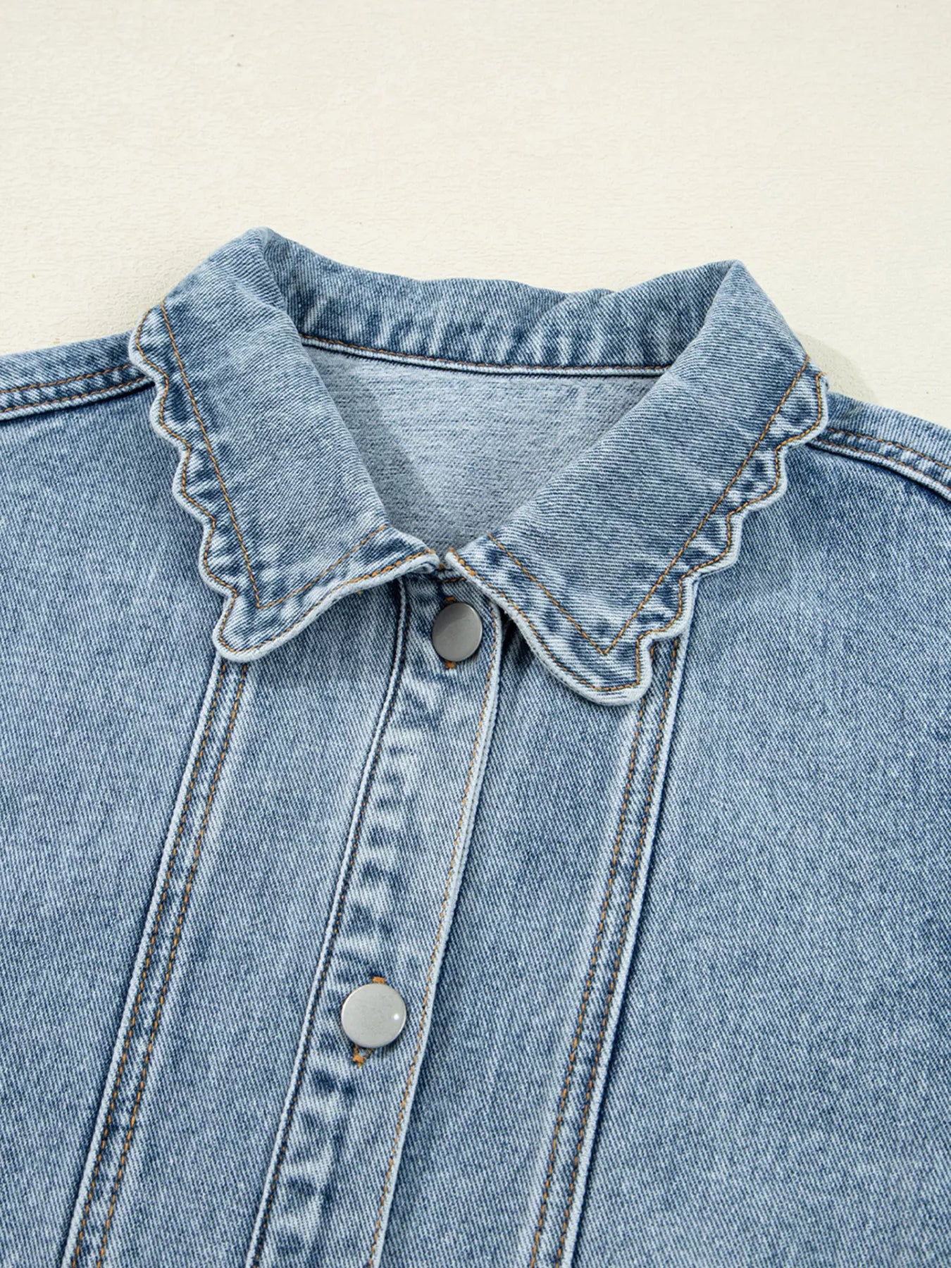 Scallop Trim Collar Patched Pocket Button Up Denim Jacket OutfitFlow