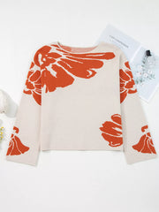 Flower Pattern Wide Sleeve Baggy Sweater OutfitFlow