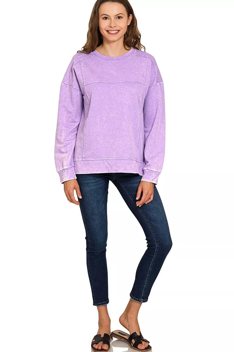 Zenana Acid Wash French Terry Exposed-Seam Pullover OutfitFlow