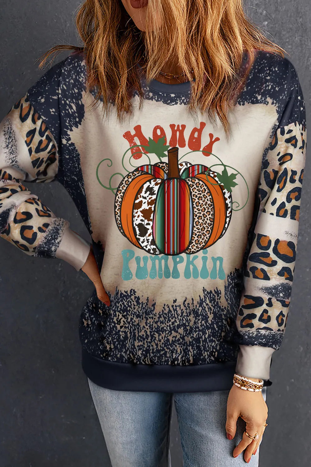 Pumpkin Graphic Long Sleeve Sweatshirt Leopard OutfitFlow