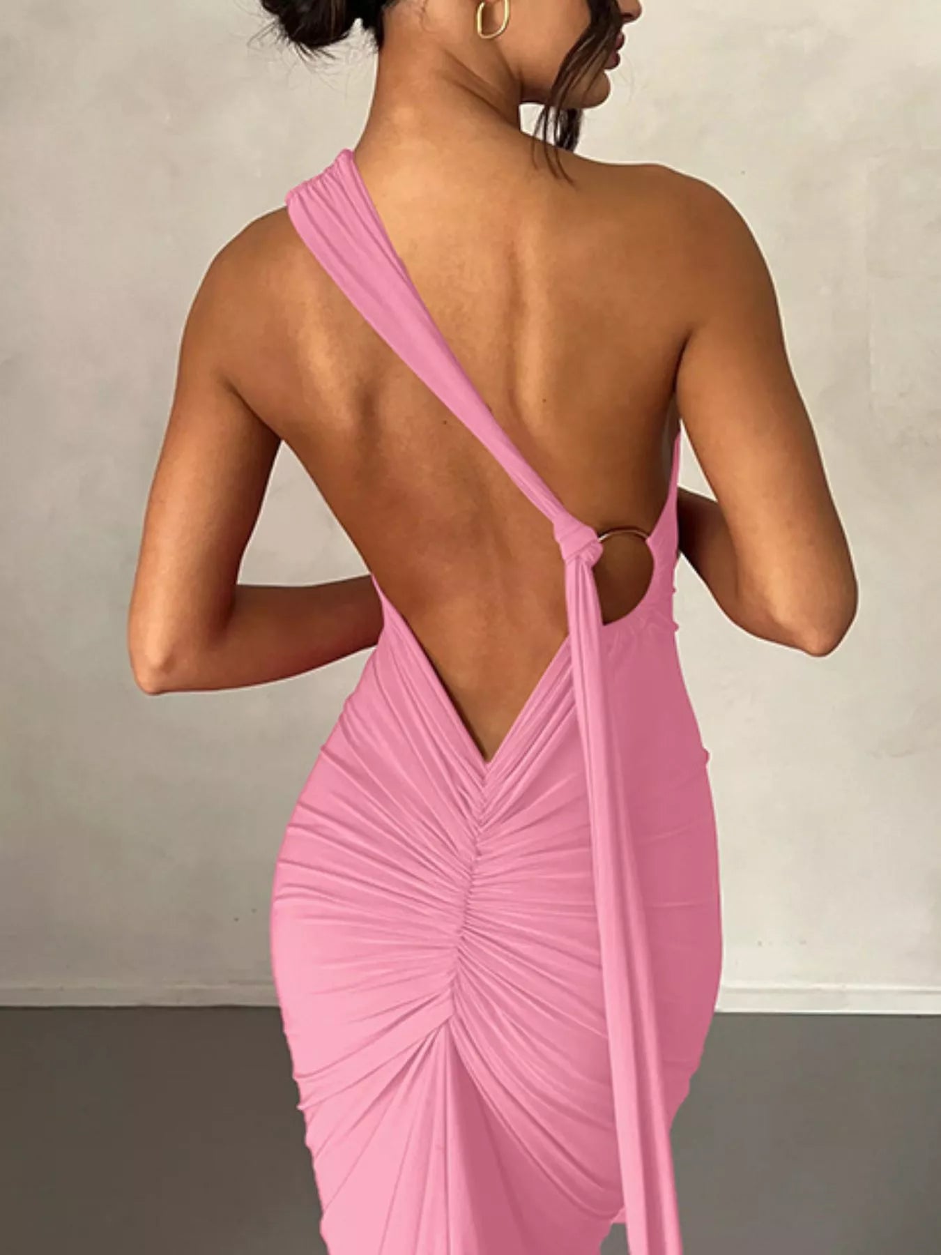 Backless One-Shoulder Ruched Bodycon Maxi Dress Pink OutfitFlow