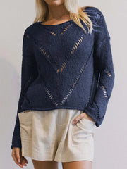 Openwork Boat Neck Long Sleeve Sweater OutfitFlow