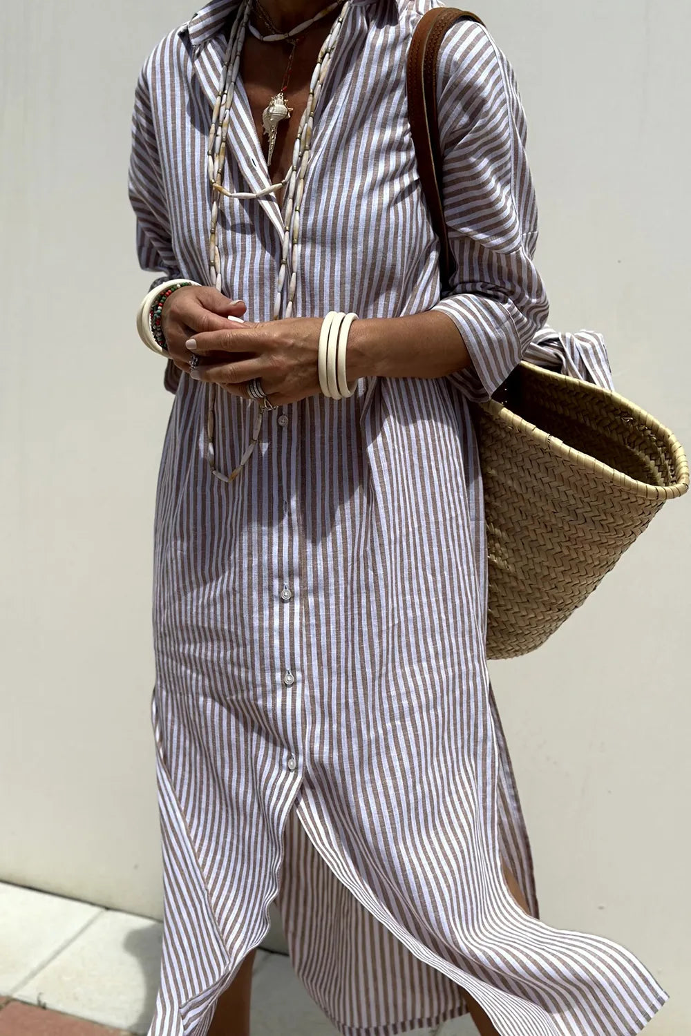 Tied Button Up Three-Quarter Sleeve Dress Mocha OutfitFlow