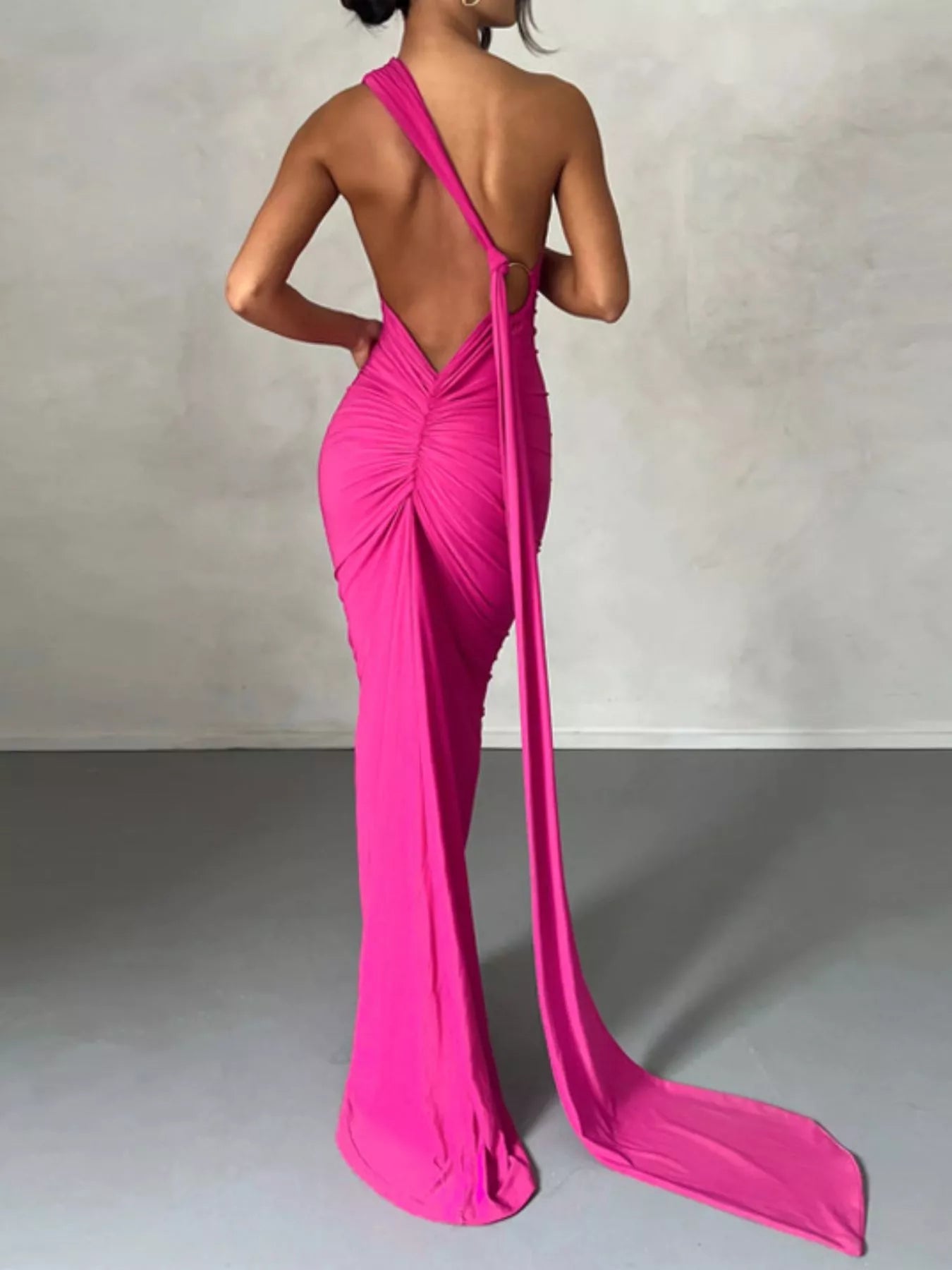 Backless One-Shoulder Ruched Bodycon Maxi Dress OutfitFlow