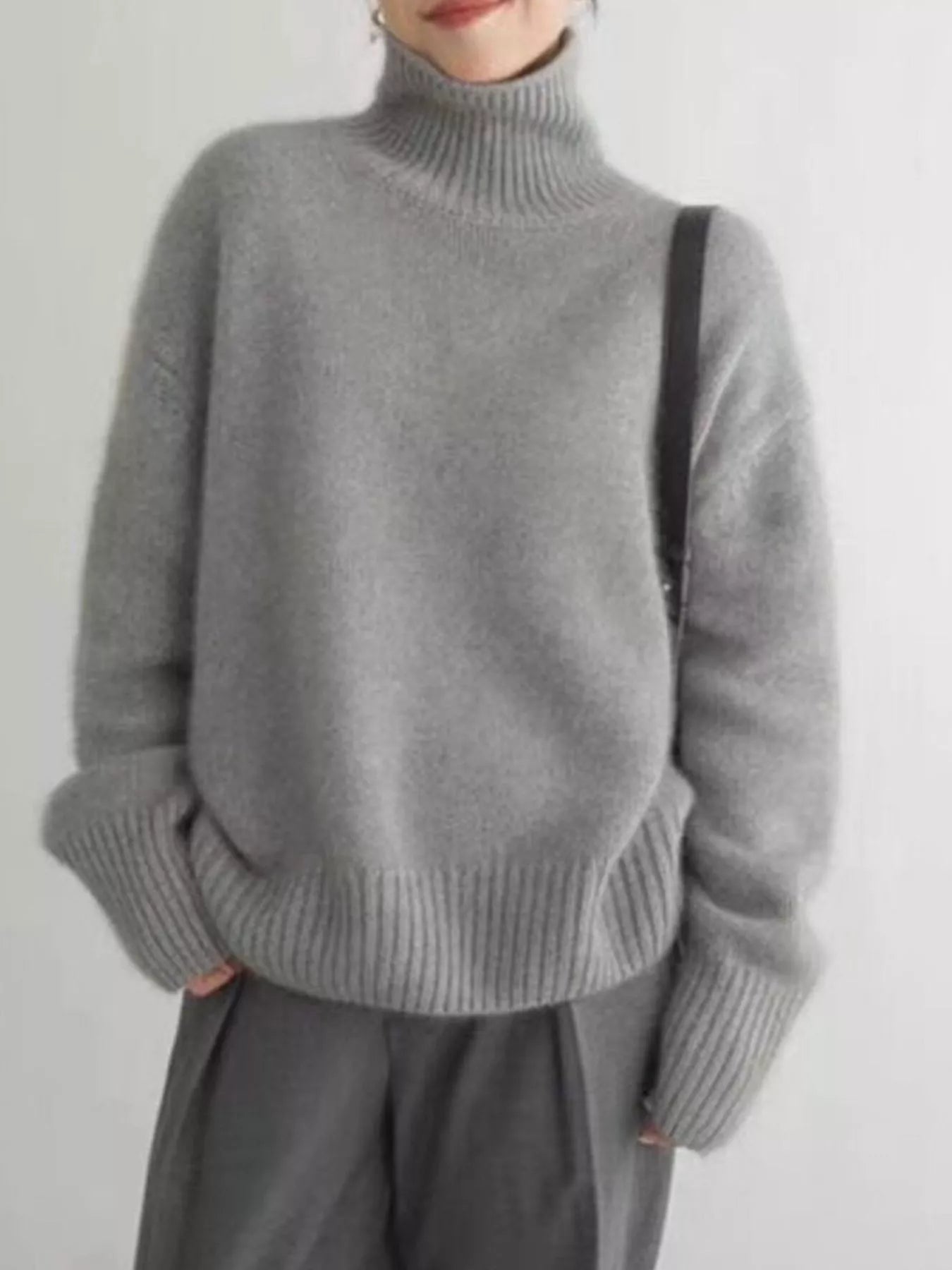 Turtleneck Dropped Shoulder Sweater Gray OutfitFlow