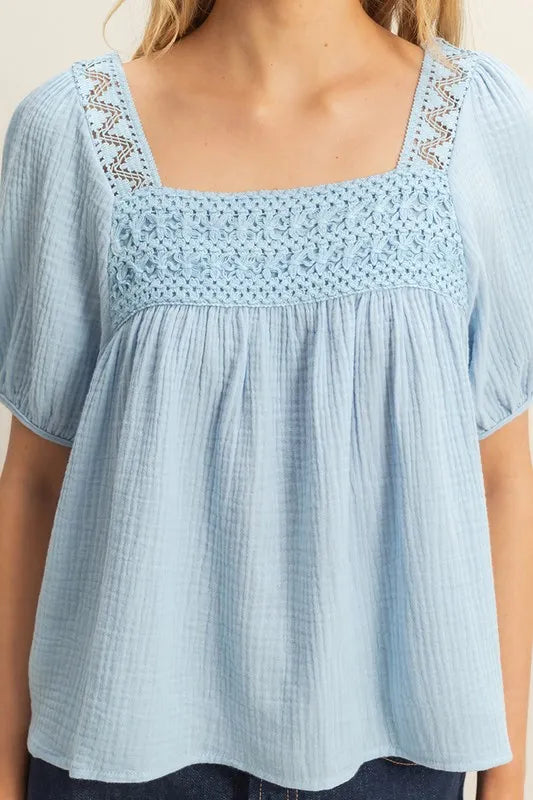 HYFVE Crochet Detail Puff Sleeve Peasant Top OutfitFlow