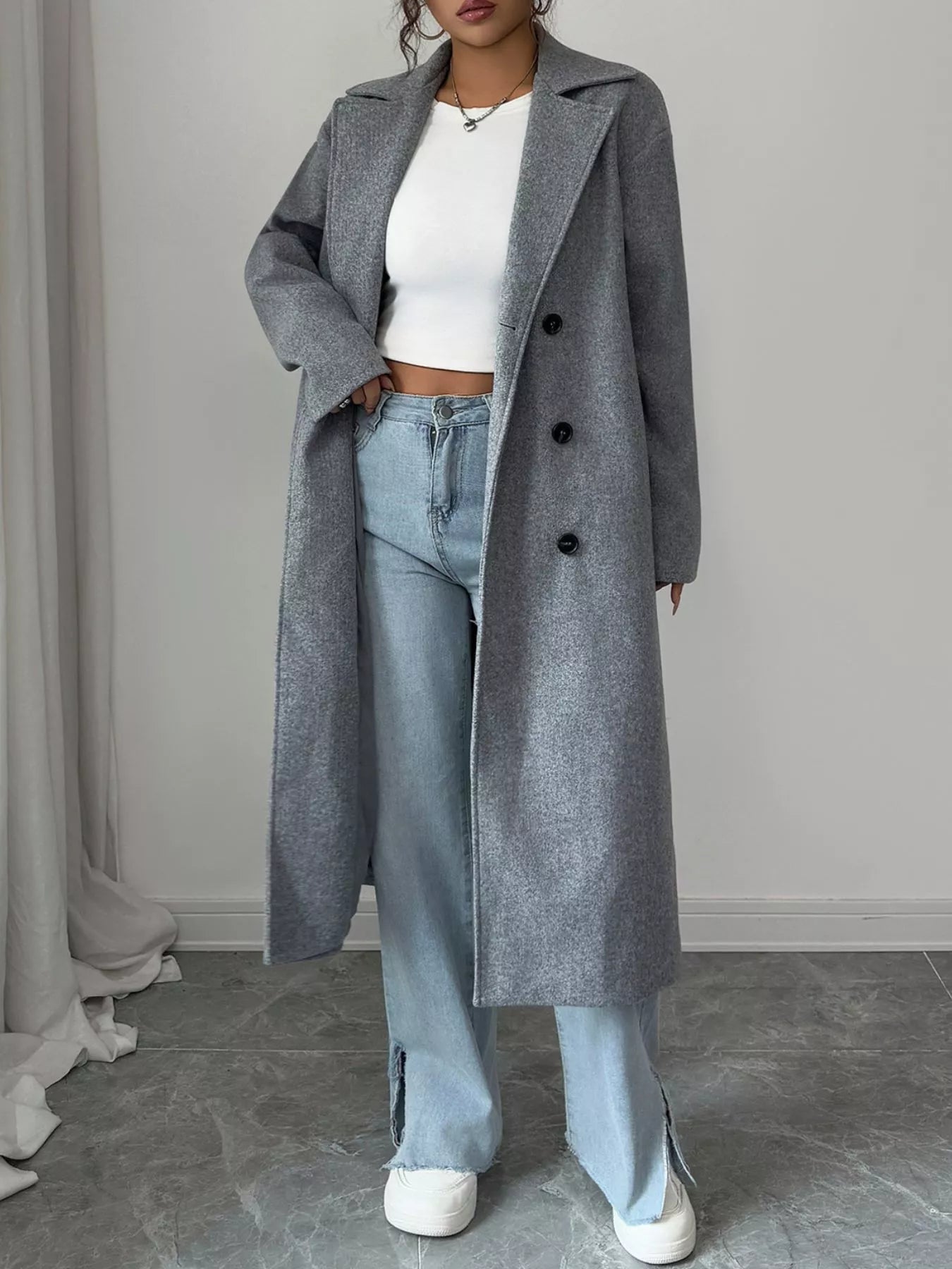 Double-Breasted Longline Coat Trendsi
