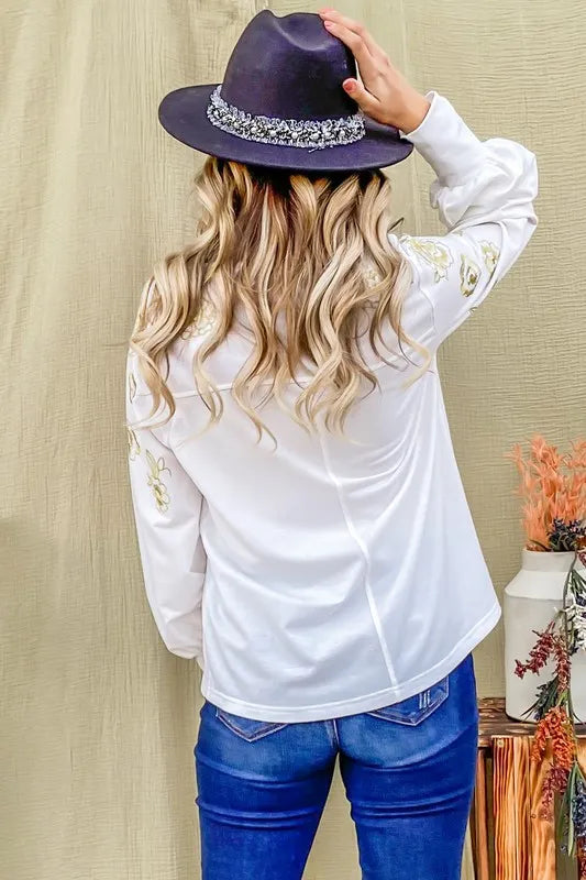 And The Why Flower Gold Embroidery Shoulder Detailed Top OutfitFlow