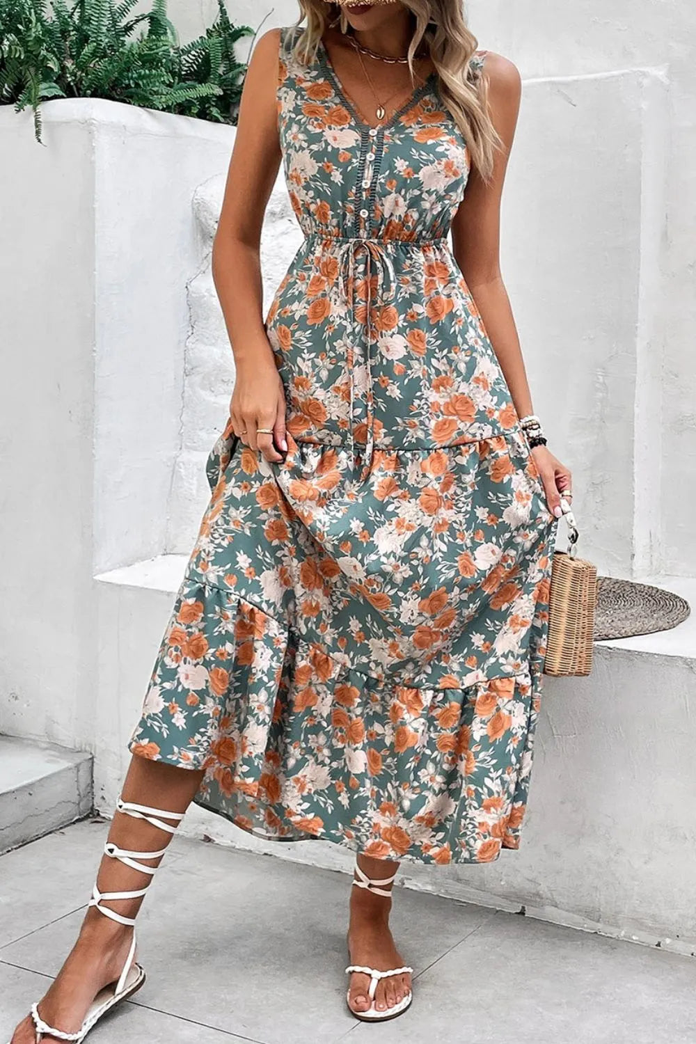 Floral Print Trimmed V Neck Tie Waist Sleeveless Dress OutfitFlow