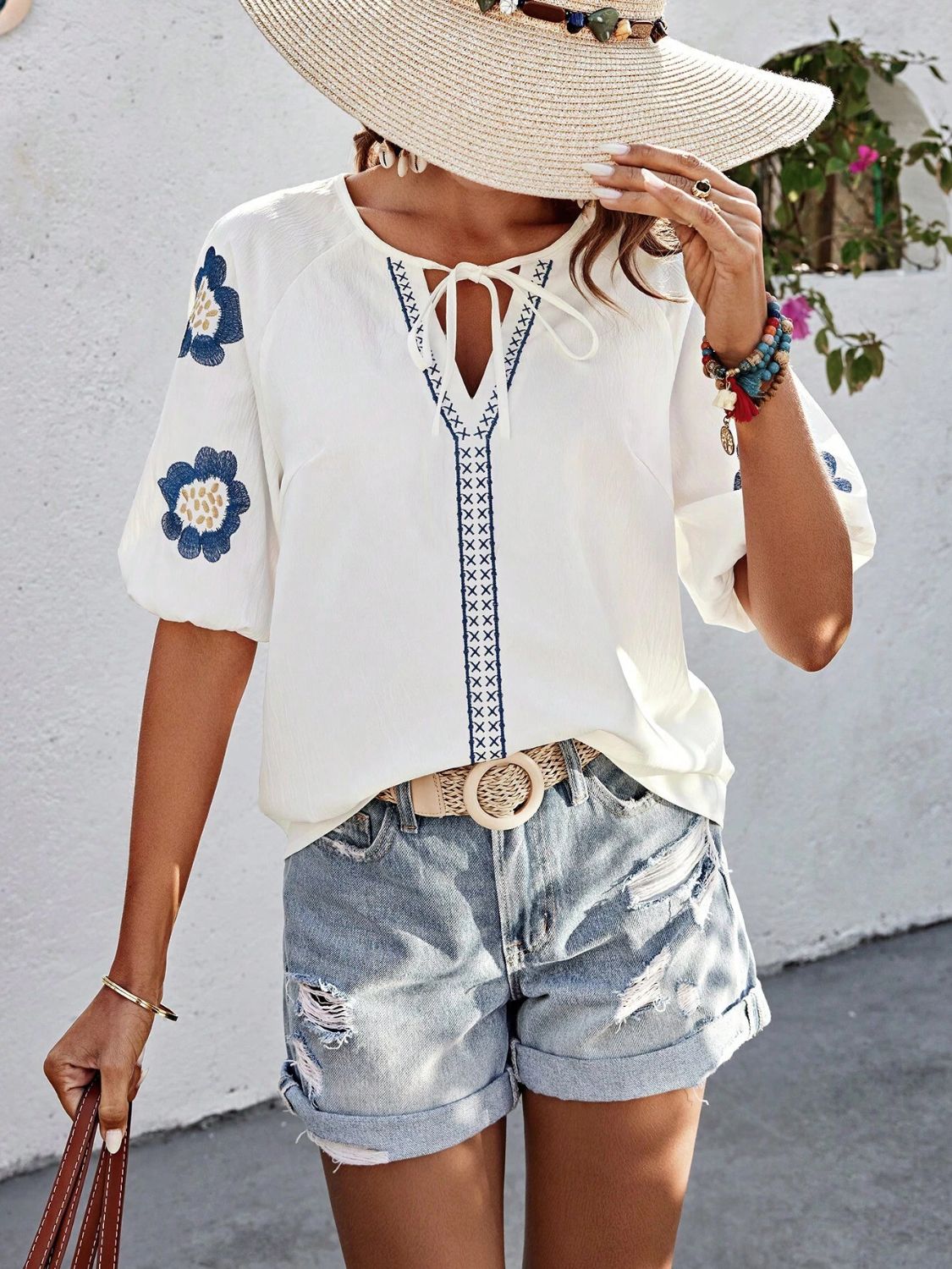 Embroidered Tie Neck Puff Sleeve Blouse OutfitFlow