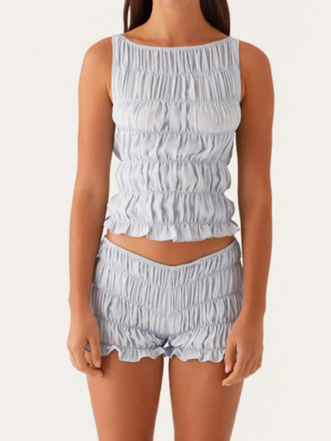 Ruched Texture Tank and Shorts Two-Piece Set OutfitFlow