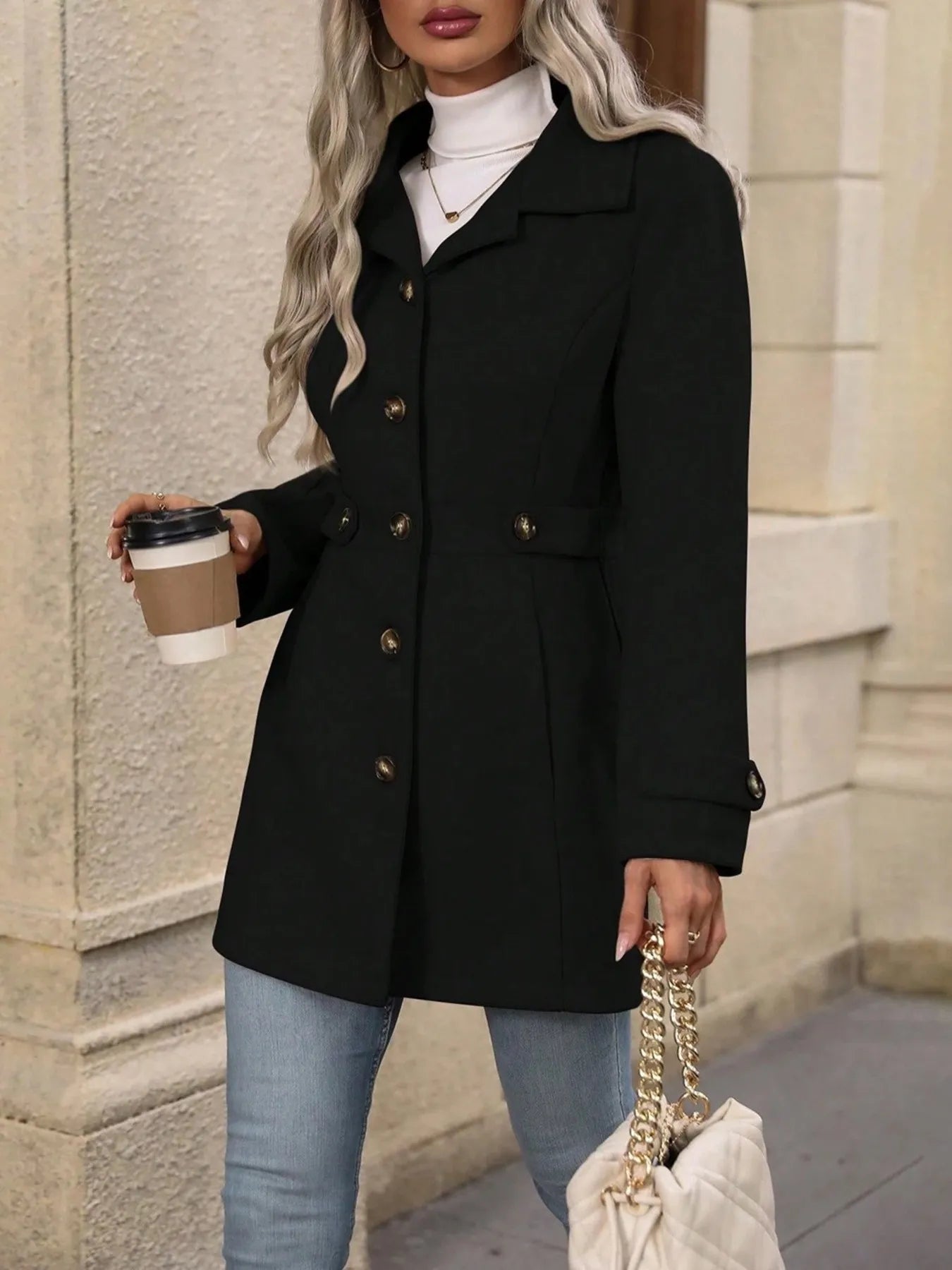 Button Up Long Sleeve Coat Trendsi