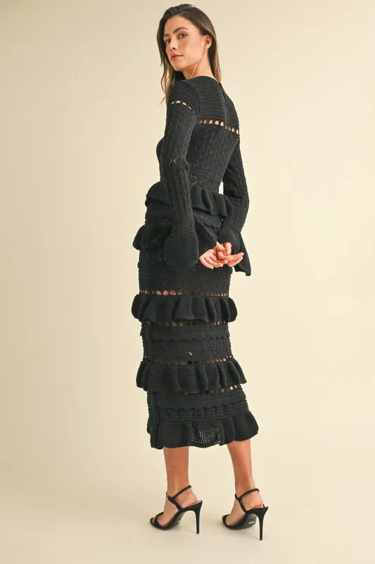 MABLE Long Sleeve Tiered Ruffle Knit Midi Dress OutfitFlow