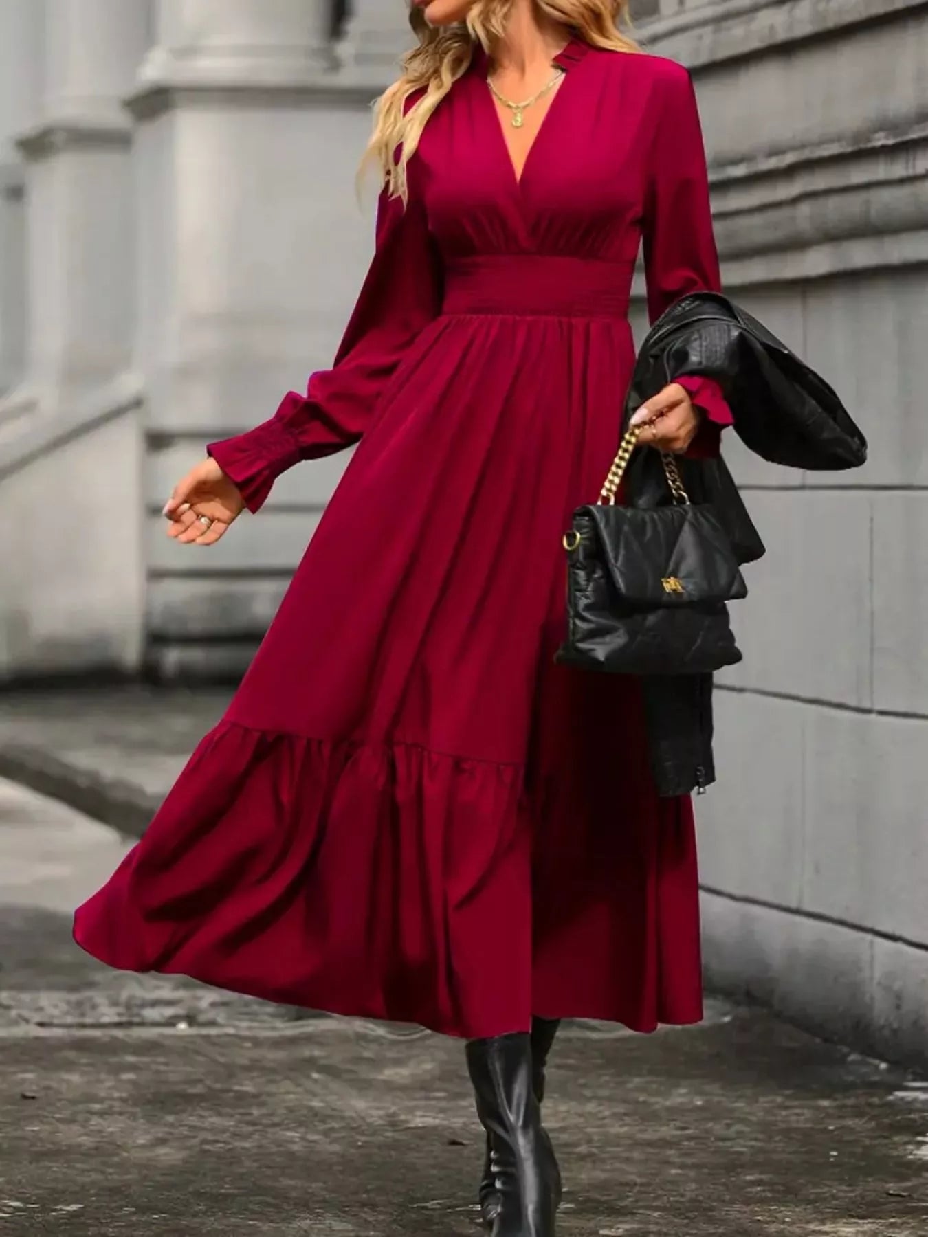 Surplice Long Sleeve Tiered Midi Dress OutfitFlow