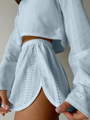 Outfit Flow - Eyelet Round Neck Top and Shorts Set