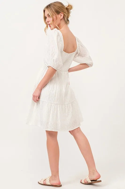 And The Why Square Neck Puff Sleeve Tiered Mini Dress OutfitFlow