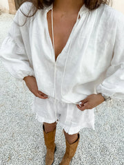 Tie Neck Balloon Sleeve Blouse and Shorts Set OutfitFlow