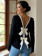 Long Sleeve Bow Tie Back T-Shirt Black White OutfitFlow