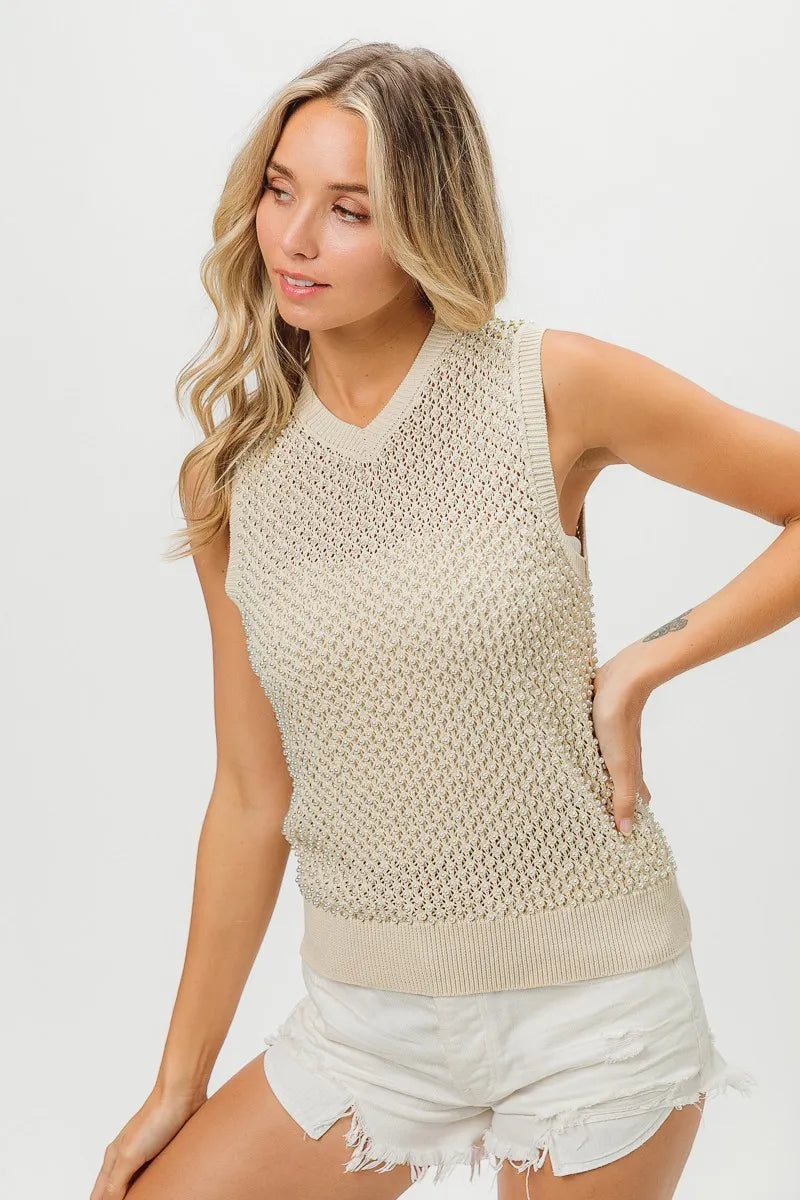 BiBi Knitted Beaded Pearl V Neck Sleveless Top OutfitFlow