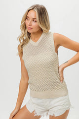 BiBi Knitted Beaded Pearl V Neck Sleveless Top OutfitFlow