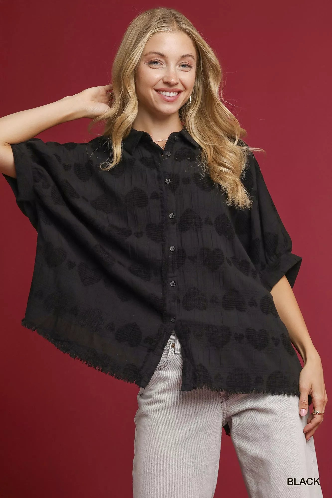 Umgee Jacquard Heart Collared Shirt Black Trendsi