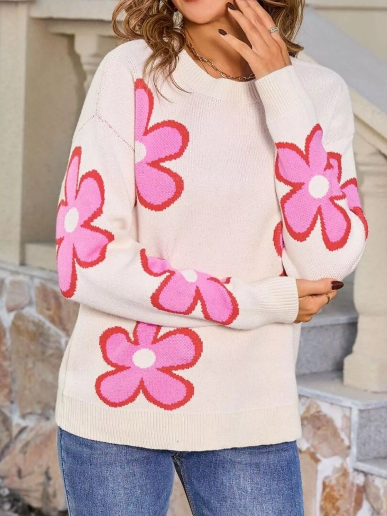 Floral Crew Neck Sweater Trendsi