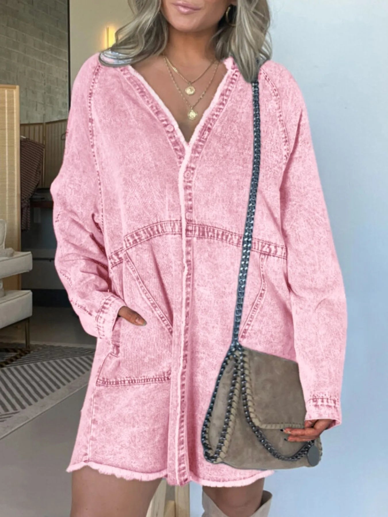 Full Size Button-Front Long Sleeve Denim Shirt Dress Plus Size Pink OutfitFlow