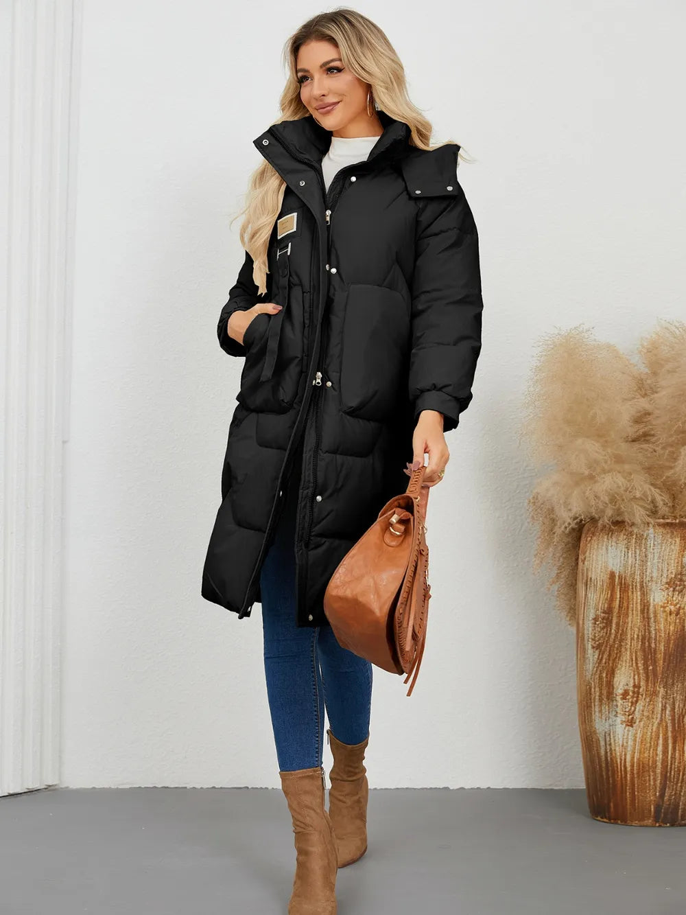 Long Sleeve Longline Hooded Winter Coat OutfitFlow