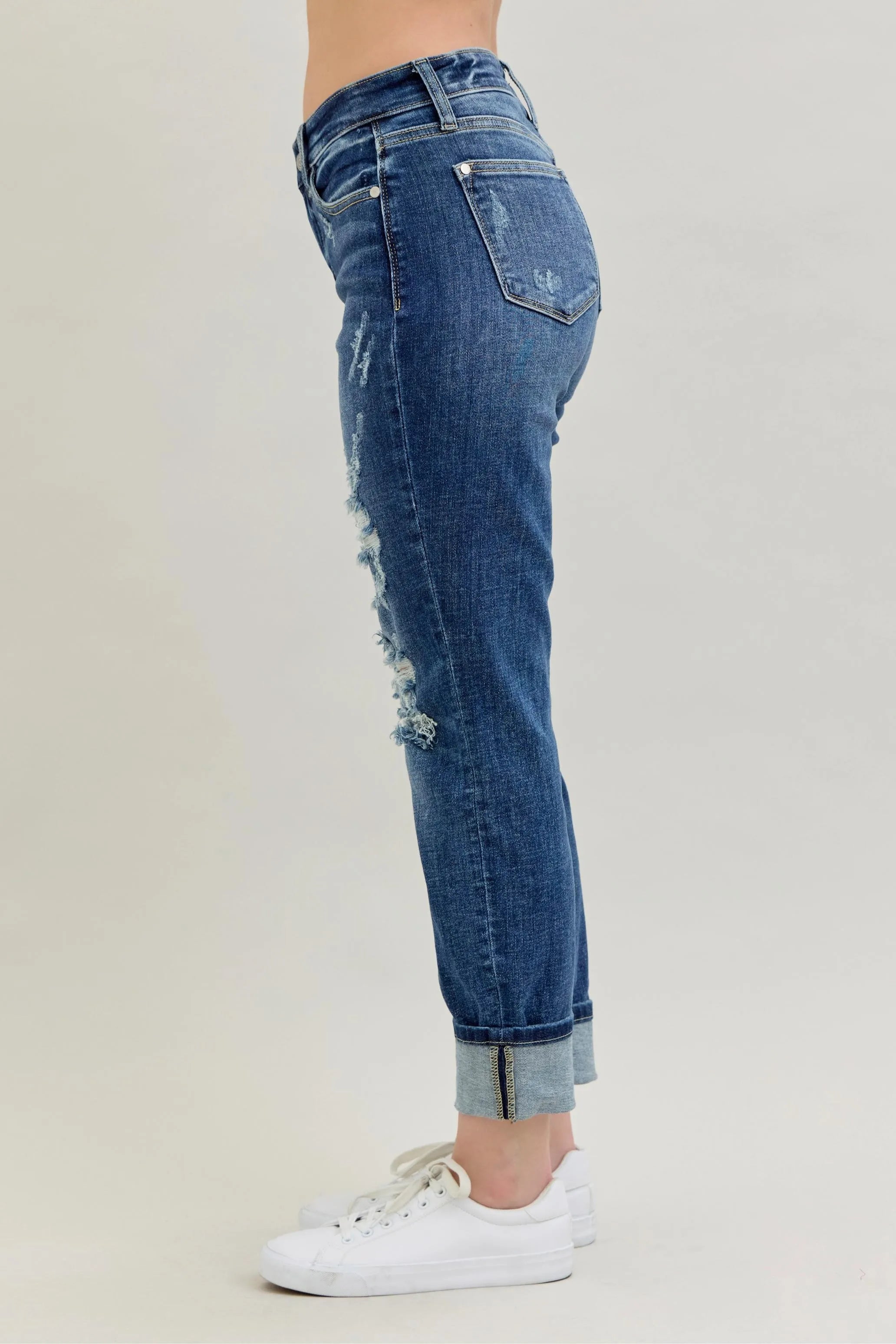 Judy Blue Full Size Mid Rise Cuffed Destroy Bf Jeans Plus Size OutfitFlow