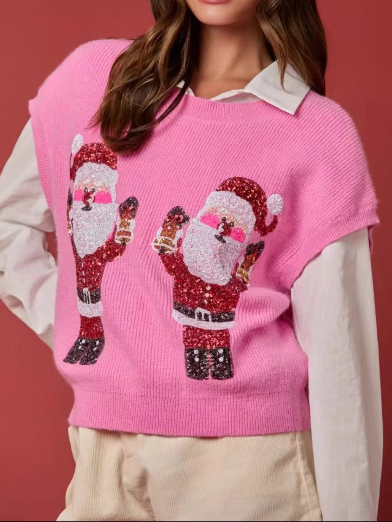 Christmas Sequin Round Neck Sweater Vest OutfitFlow
