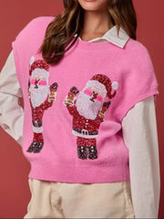 Christmas Sequin Round Neck Sweater Vest OutfitFlow