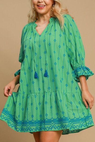 Umgee Full Size Tassel Embroidered Flounce Sleeve Mini Dress Plus Size OutfitFlow