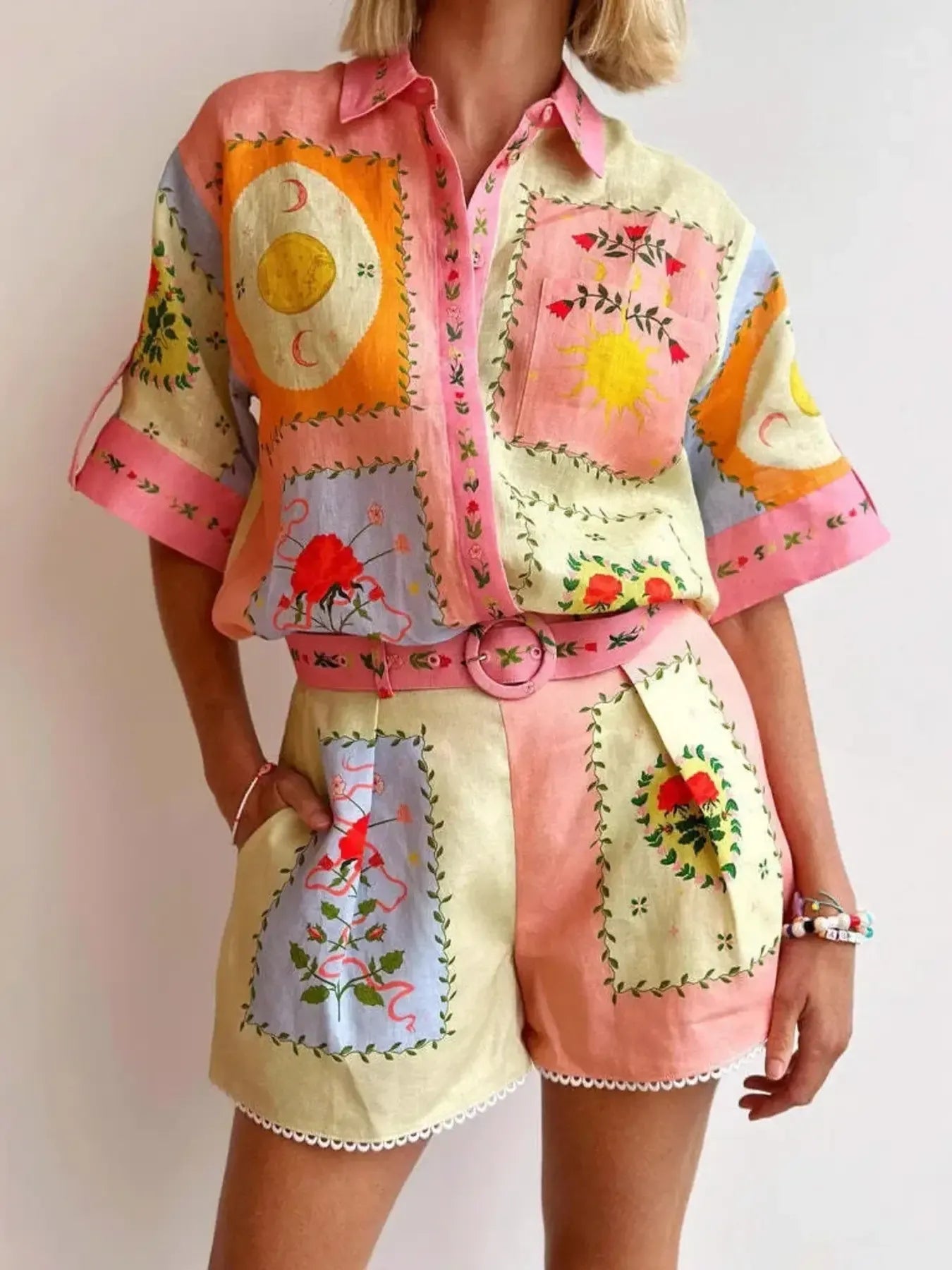Printed Button Down Shirt and Shorts Set Pink OutfitFlow