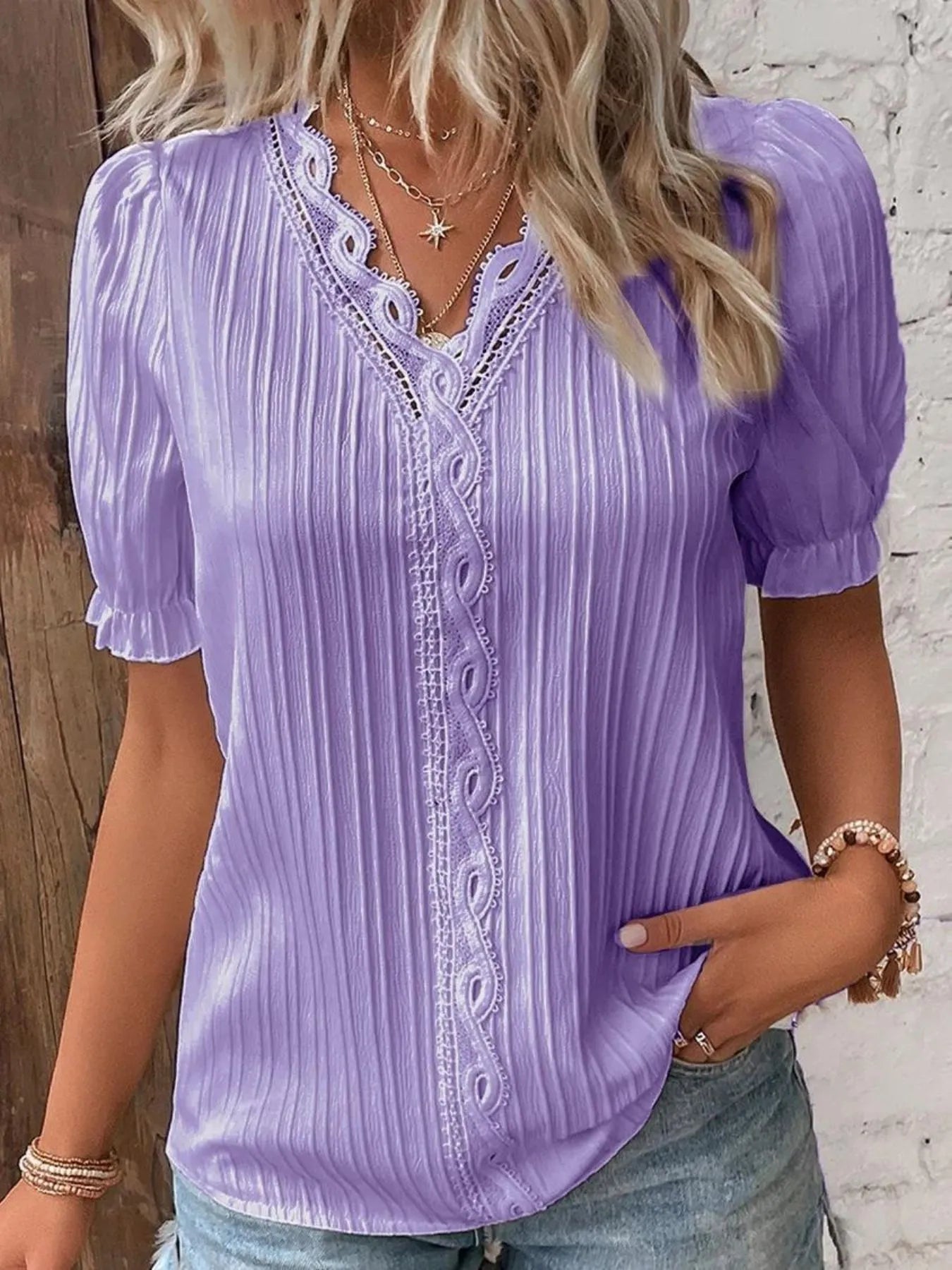 Full Size Lace Detail V-Neck Blouse Plus Size Purple OutfitFlow