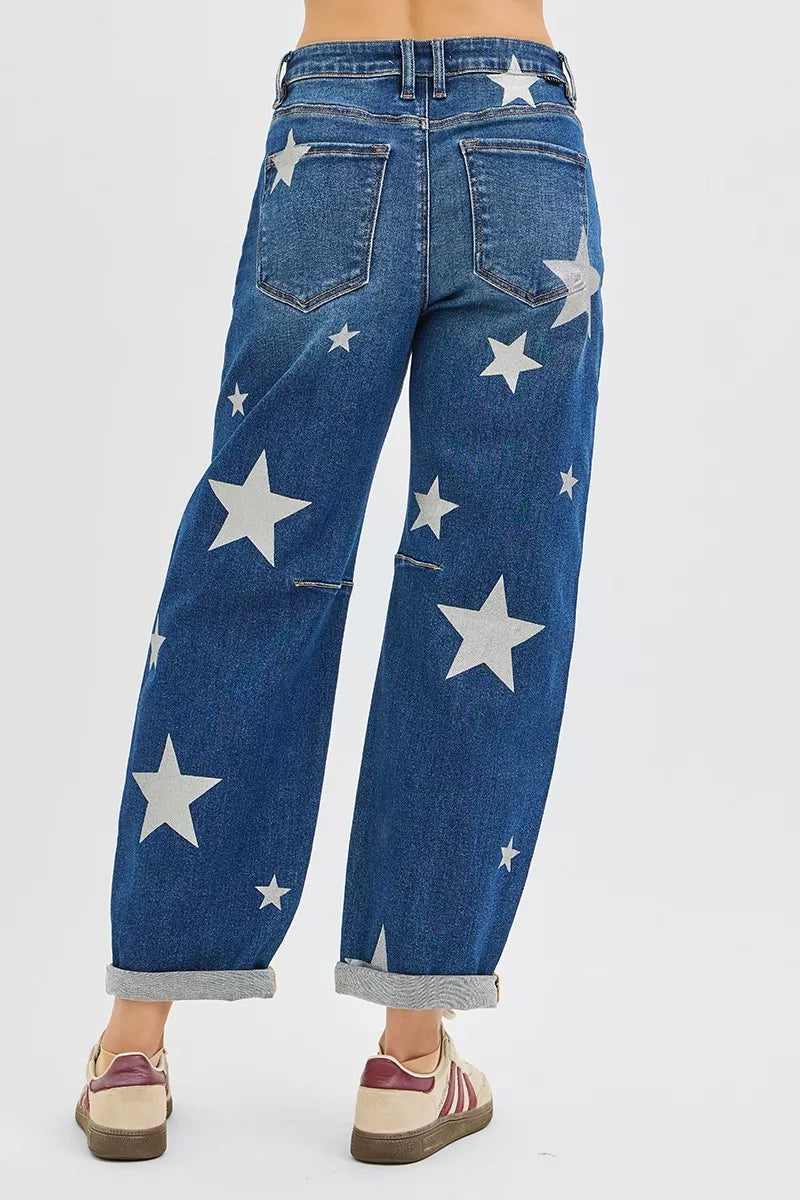 RISEN Mid Rise Ankle Length Relaxed Barrel Star Printed Jeans OutfitFlow